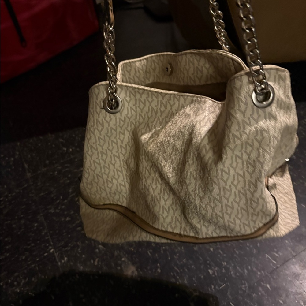 Cream Shoulder Bag with Monogram Pattern and Metal Accents